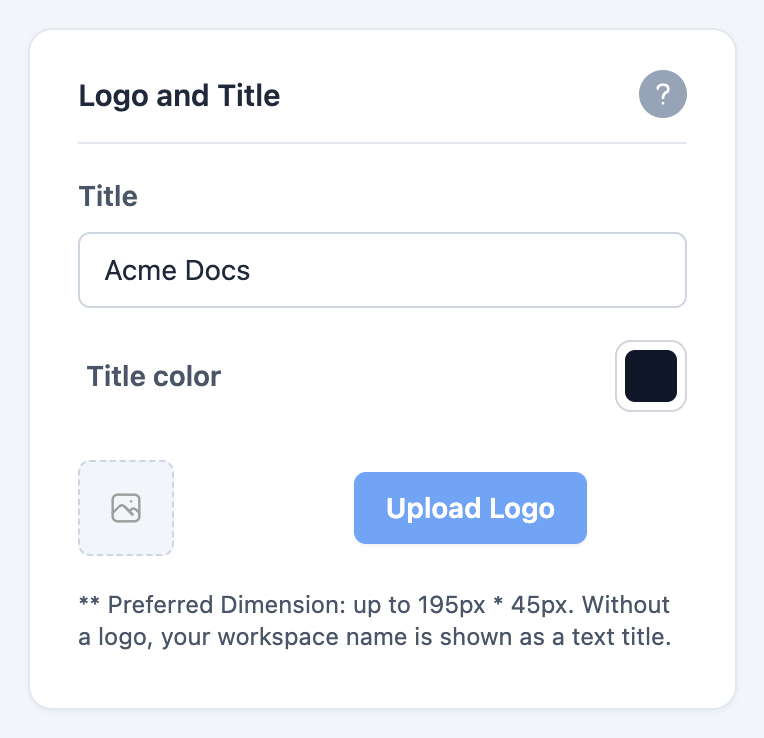 The Logo and Title section, showing the Title field, a Title color picker, the Upload Logo button and the size hint beneath it