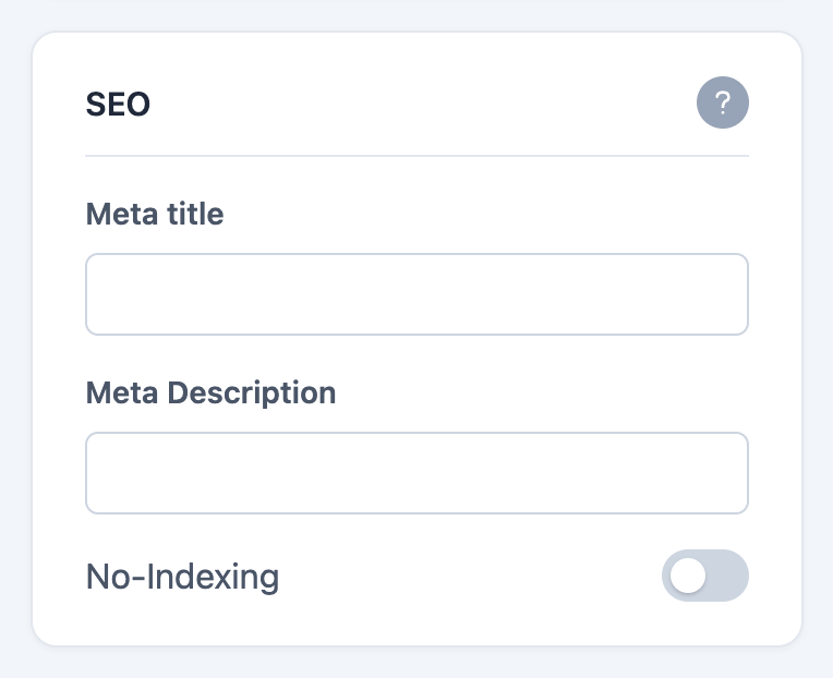 The SEO section expanded, with the meta title and meta description fields and the no-index toggle