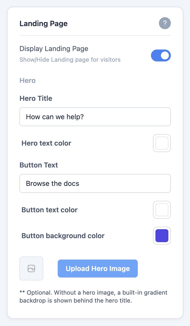 The Landing Page section expanded, showing the toggle that turns the landing page on and the hero fields beneath it