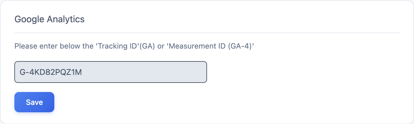The Google Analytics card on the Integrations page with a measurement ID entered