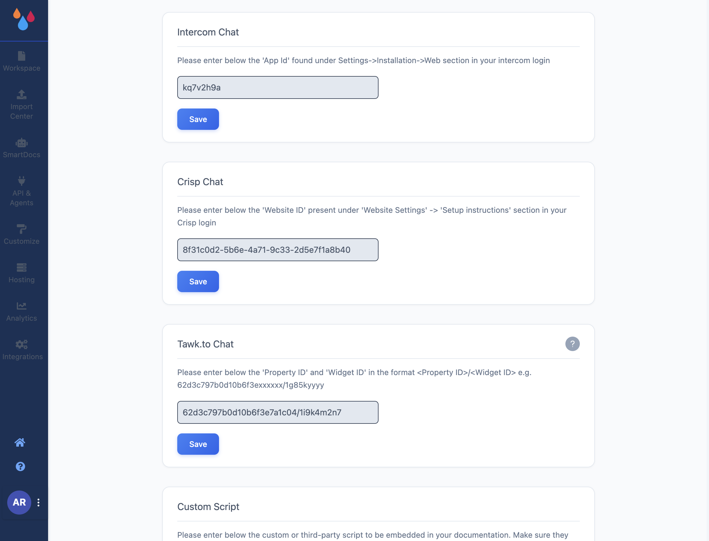 The Intercom, Crisp and Tawk.to cards stacked on the Integrations page, with the Tawk.to fields filled in
