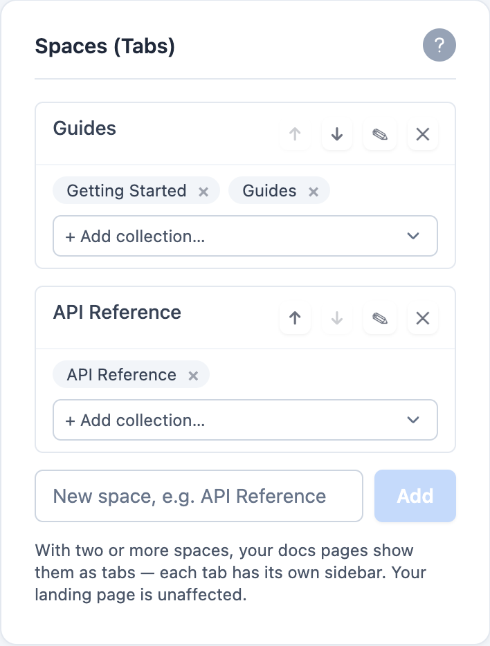 The Spaces (Tabs) panel in Customize with two spaces added, the first showing its collection chips and a picker for adding more