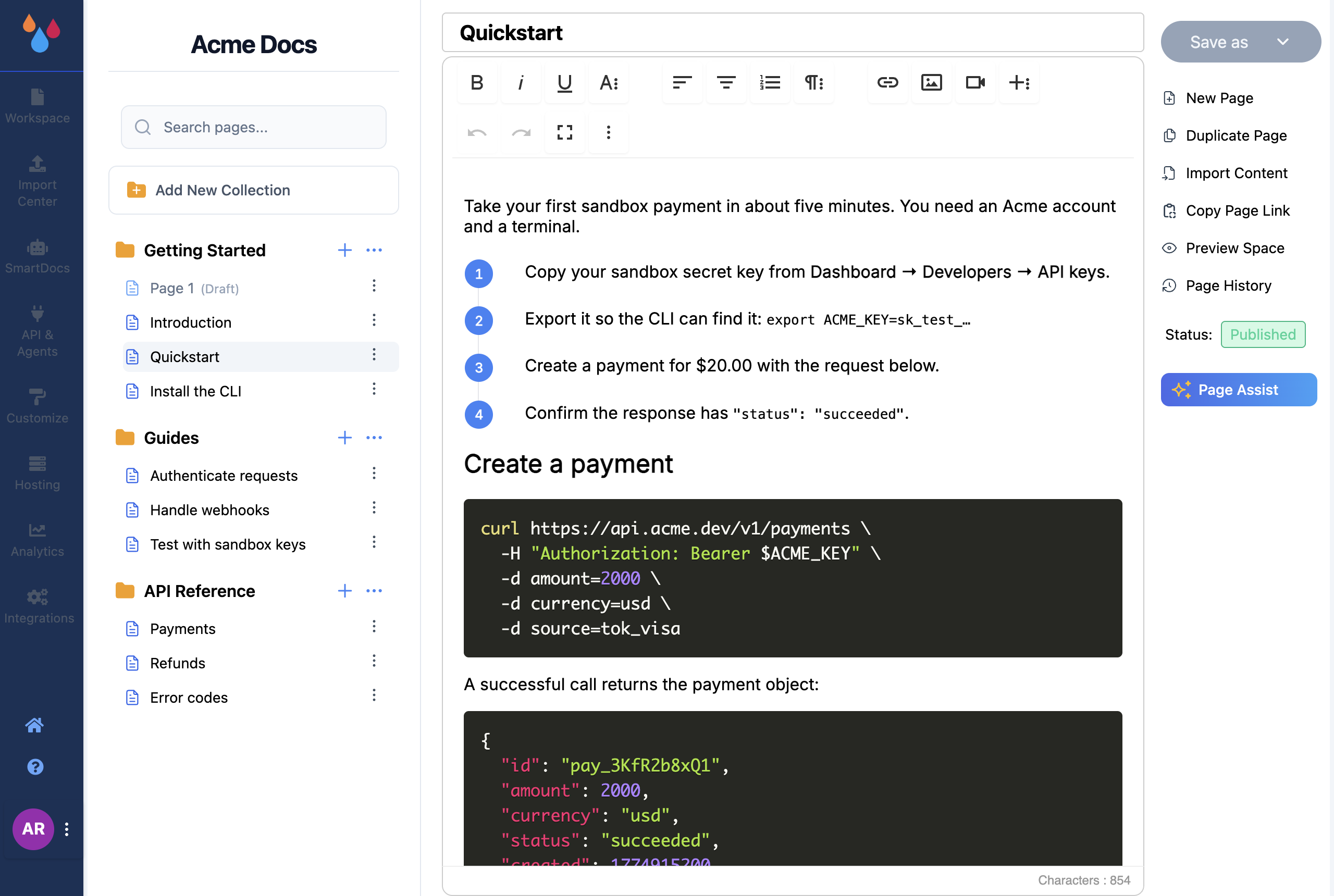 The workspace editor with a collection open in the sidebar, a page in the editor, and the Published pill on the right