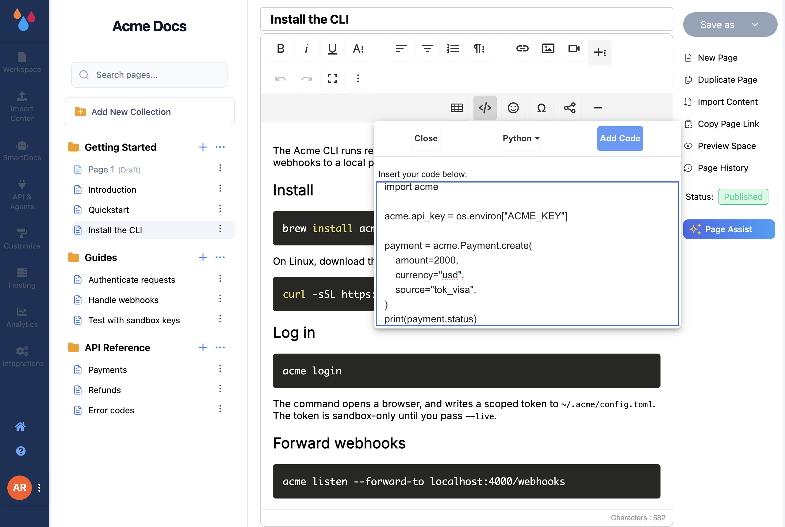 The Add Code Block dialog over the editor with a language selected and code pasted into the text area