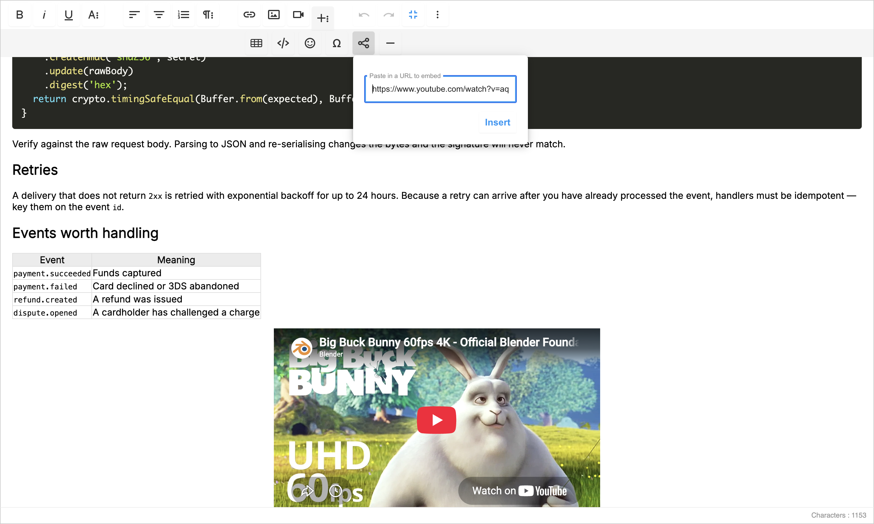 The Embed URL popup open on the editor toolbar with a shareable link pasted into the field