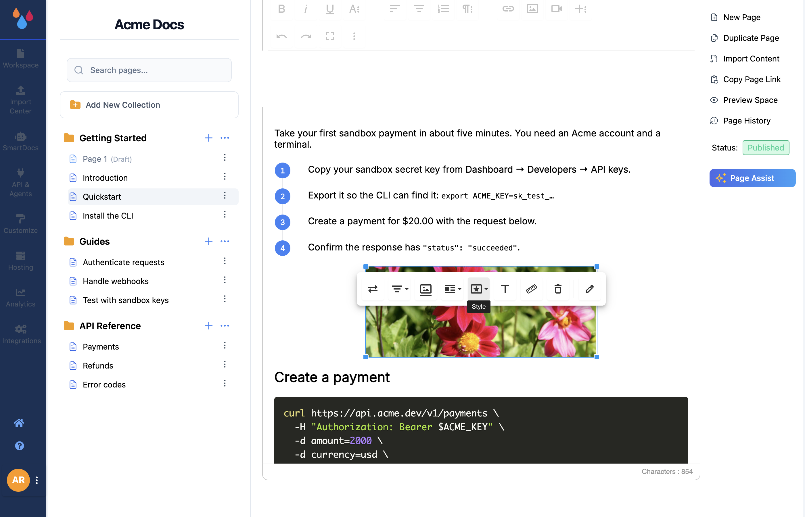 An image selected in the editor with its floating toolbar showing replace, align, caption, alt text, size, remove and advanced edit
