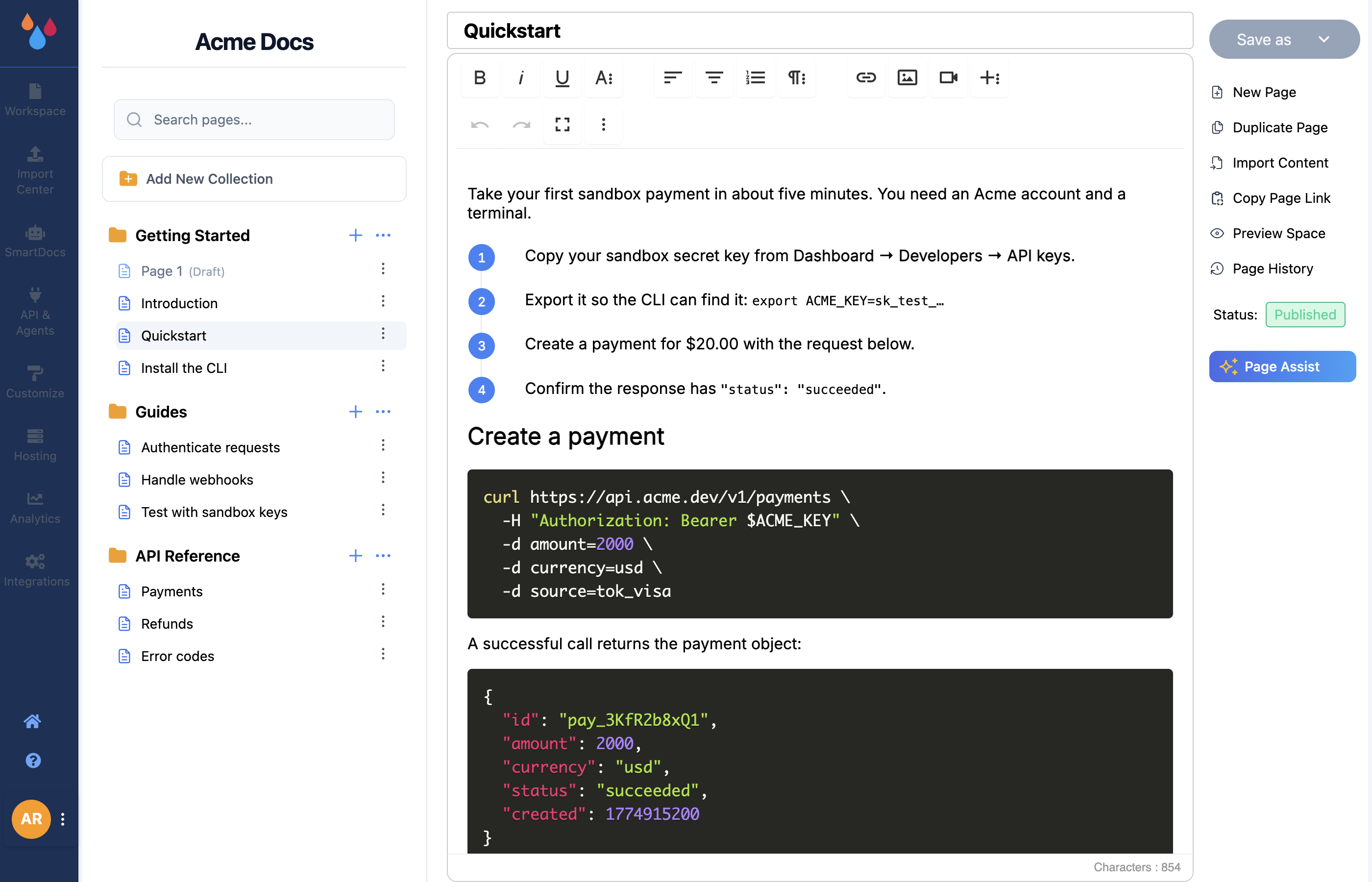 The workspace editor: collection sidebar on the left, page body in the middle, and the actions rail on the right with Save as, page actions, status and Page Assist