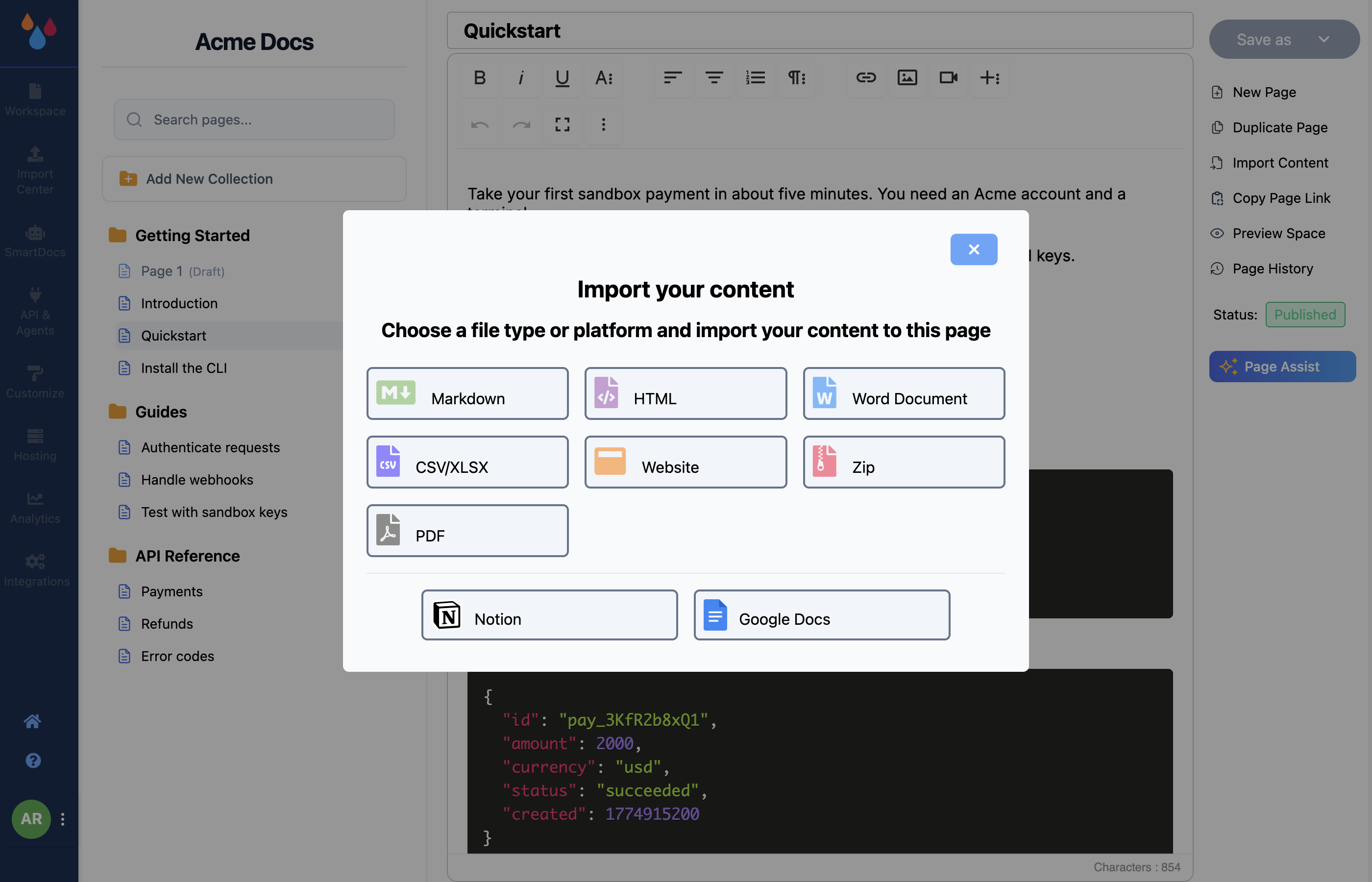 The Import your content dialog showing the file-type grid – Markdown, HTML, Word Document, CSV/XLSX, Website, Zip and PDF – with Notion and Google Docs below