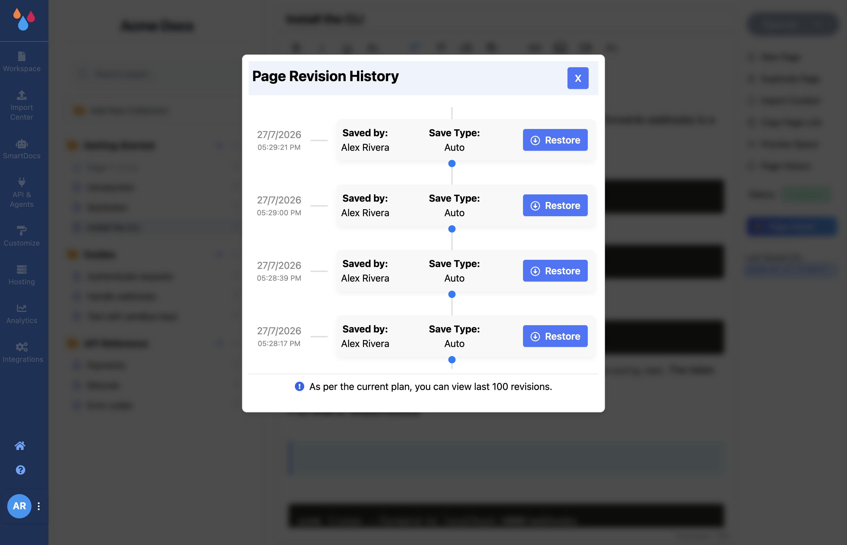 The Page History panel over the editor, listing revisions with who saved them, whether the save was automatic or manual, and a Restore action