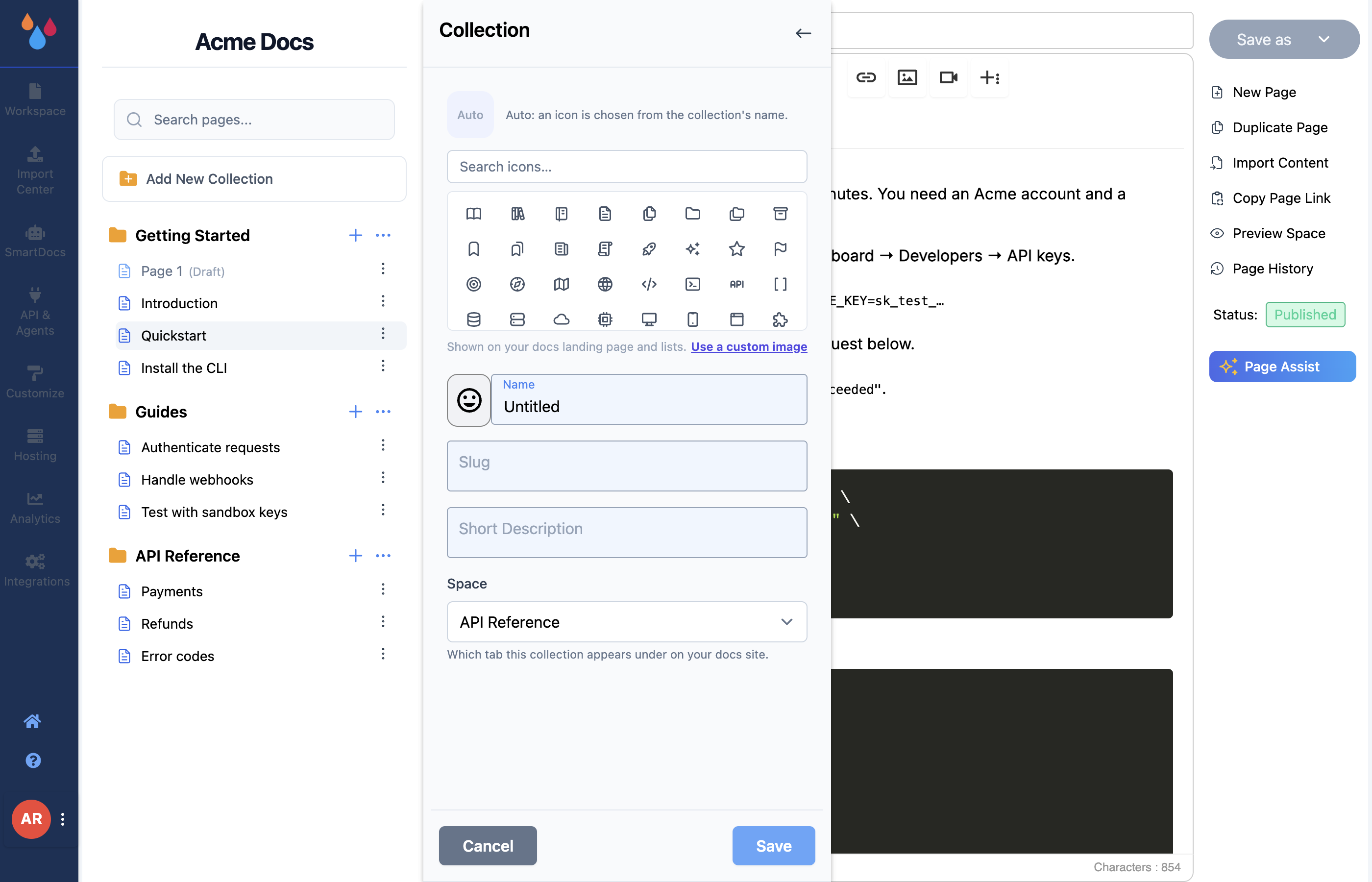The New Collection panel with the icon chooser at the top – an Auto chip, a search box and a grid of icons – above the Name, Slug, Short Description and Space fields
