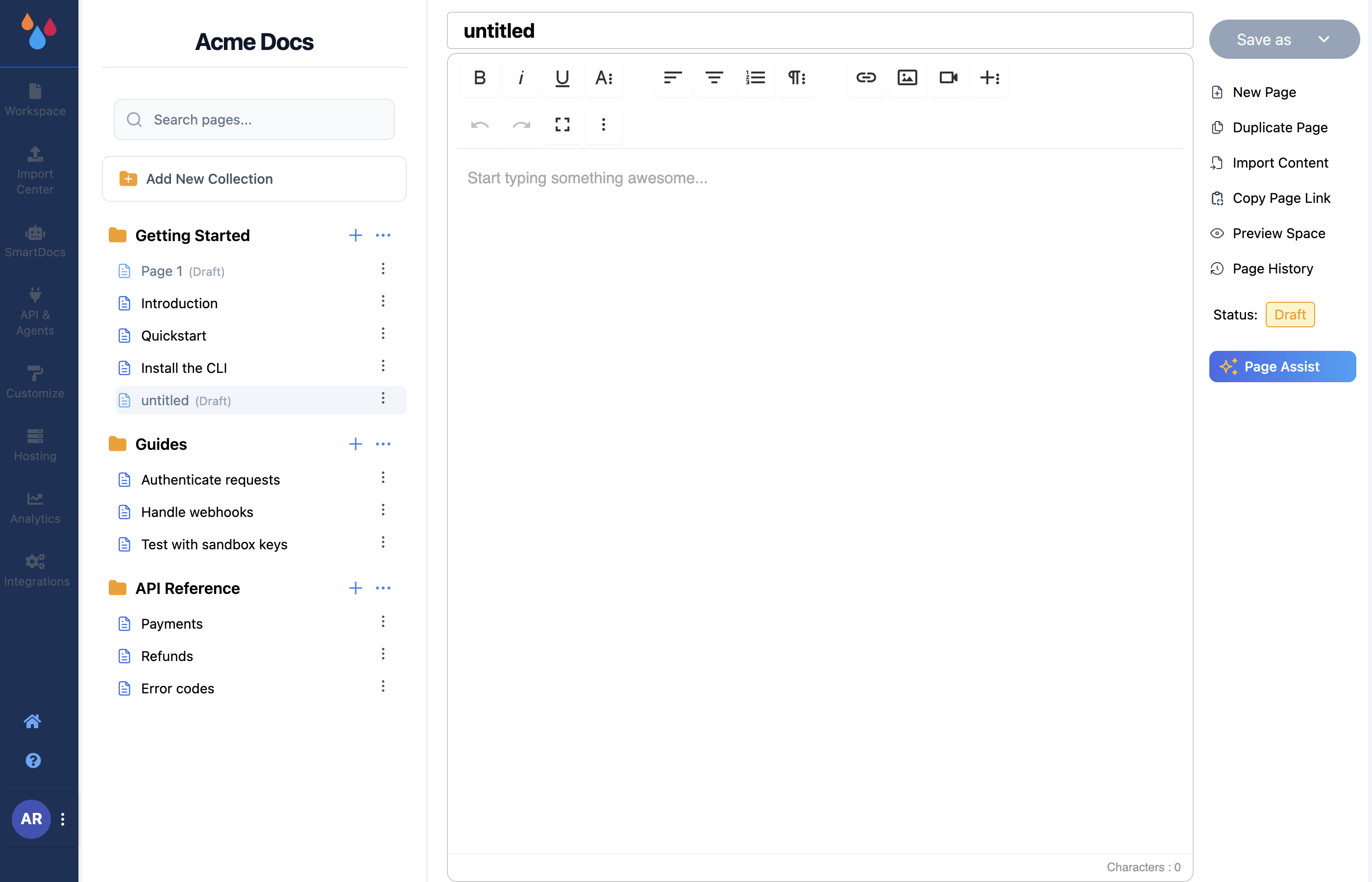 The editor immediately after New Page: a page named untitled sitting as a Draft in the sidebar, with an empty body