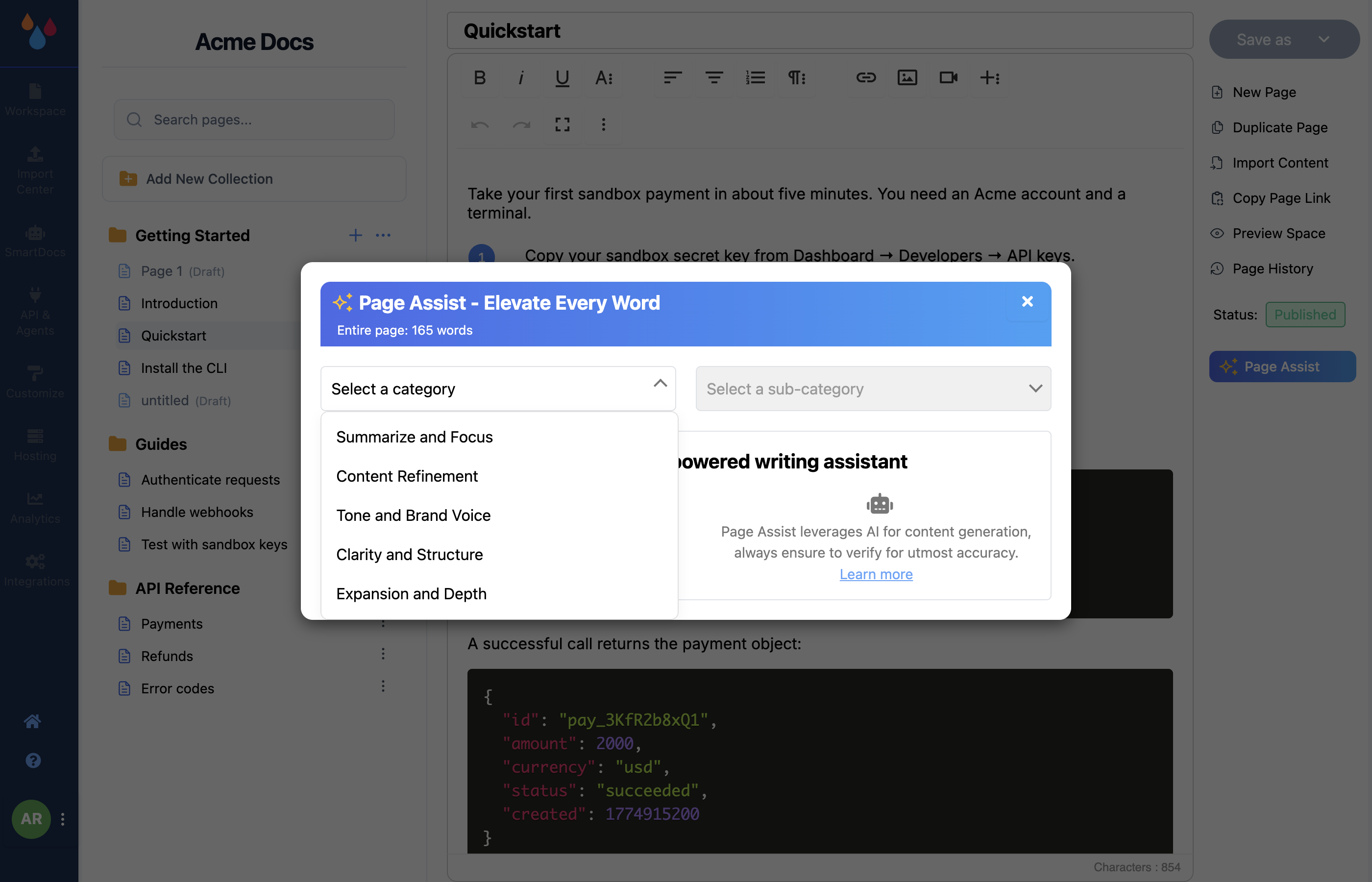 The Page Assist modal over the editor, showing the page word count and the category dropdown expanded