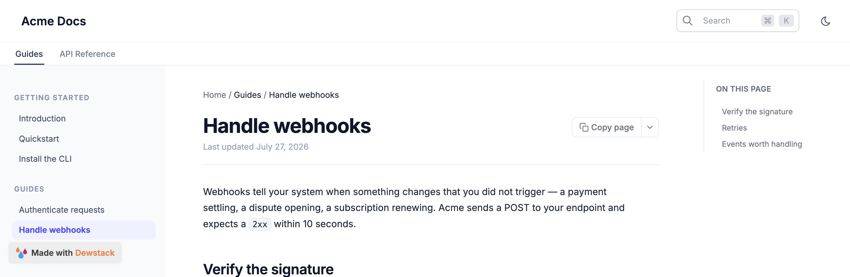 A published docs site with two space tabs under the header, the first active, and the sidebar showing only that space's collections
