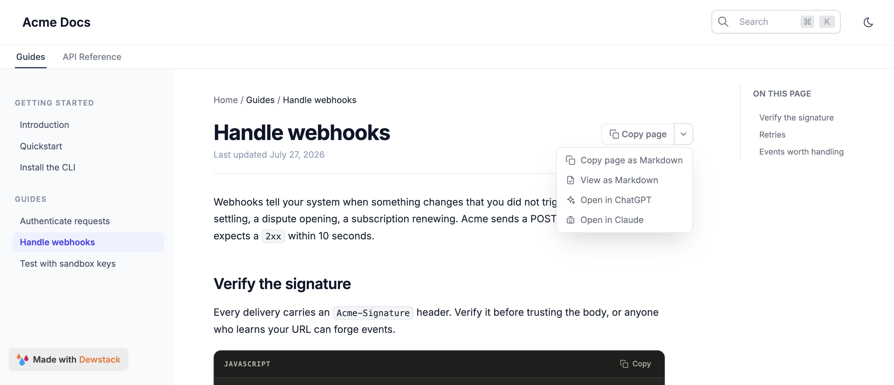 An article page with the Copy page dropdown open, showing Copy page as Markdown, View as Markdown, Open in ChatGPT and Open in Claude
