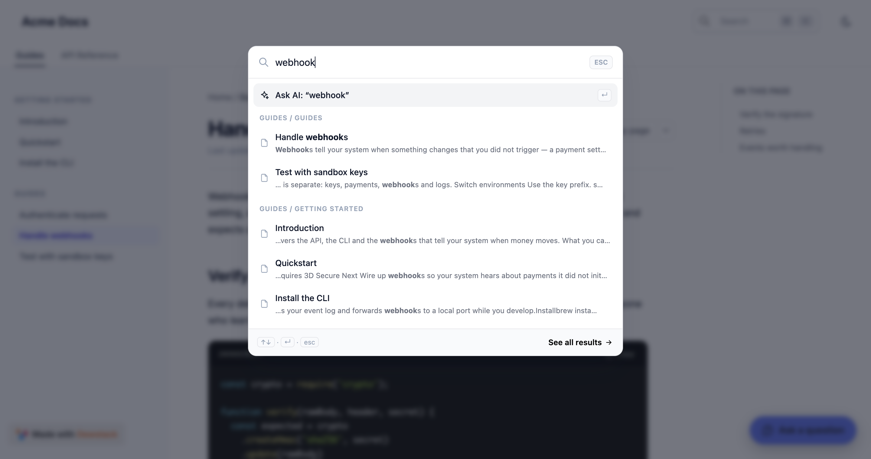 The ⌘K search modal on a docs site with a query typed, showing an Ask AI row above the page results grouped by collection