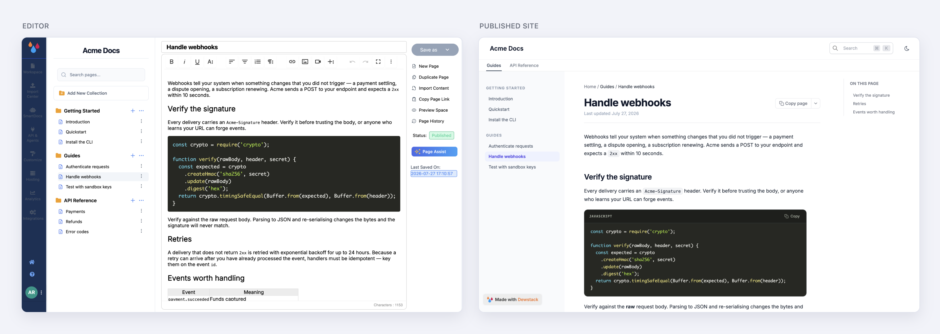 The same page side by side – open in the Dewstack editor on the left, live on the published docs site on the right, with its sidebar, search, table of contents and copy-page button