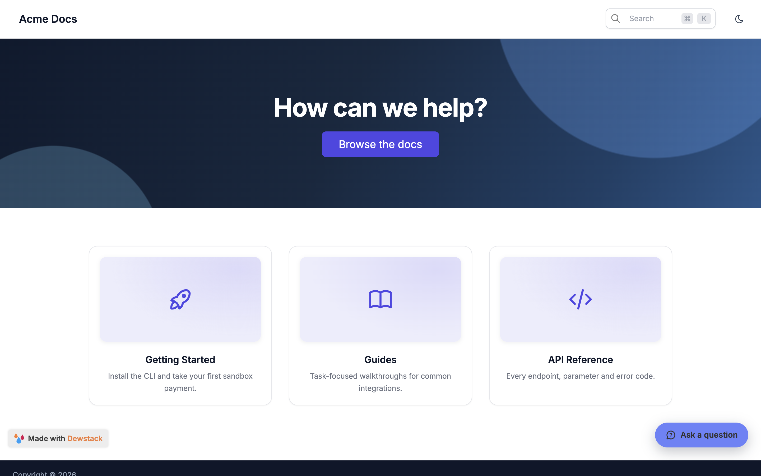 A published docs site: the site title and search in the header, a hero with a call to action, and the collections below as cards with icons and descriptions