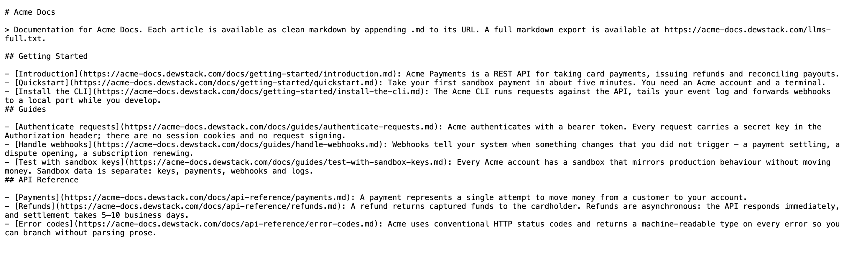 A browser showing llms.txt as plain text: the site title, a description blockquote, then each collection as a heading with its pages listed as links and one-line summaries