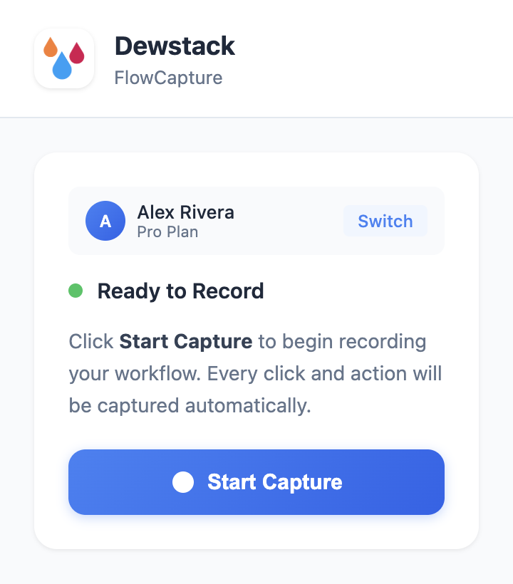 The FlowCapture extension popup, headed Dewstack FlowCapture, showing the signed-in account and plan, a green 