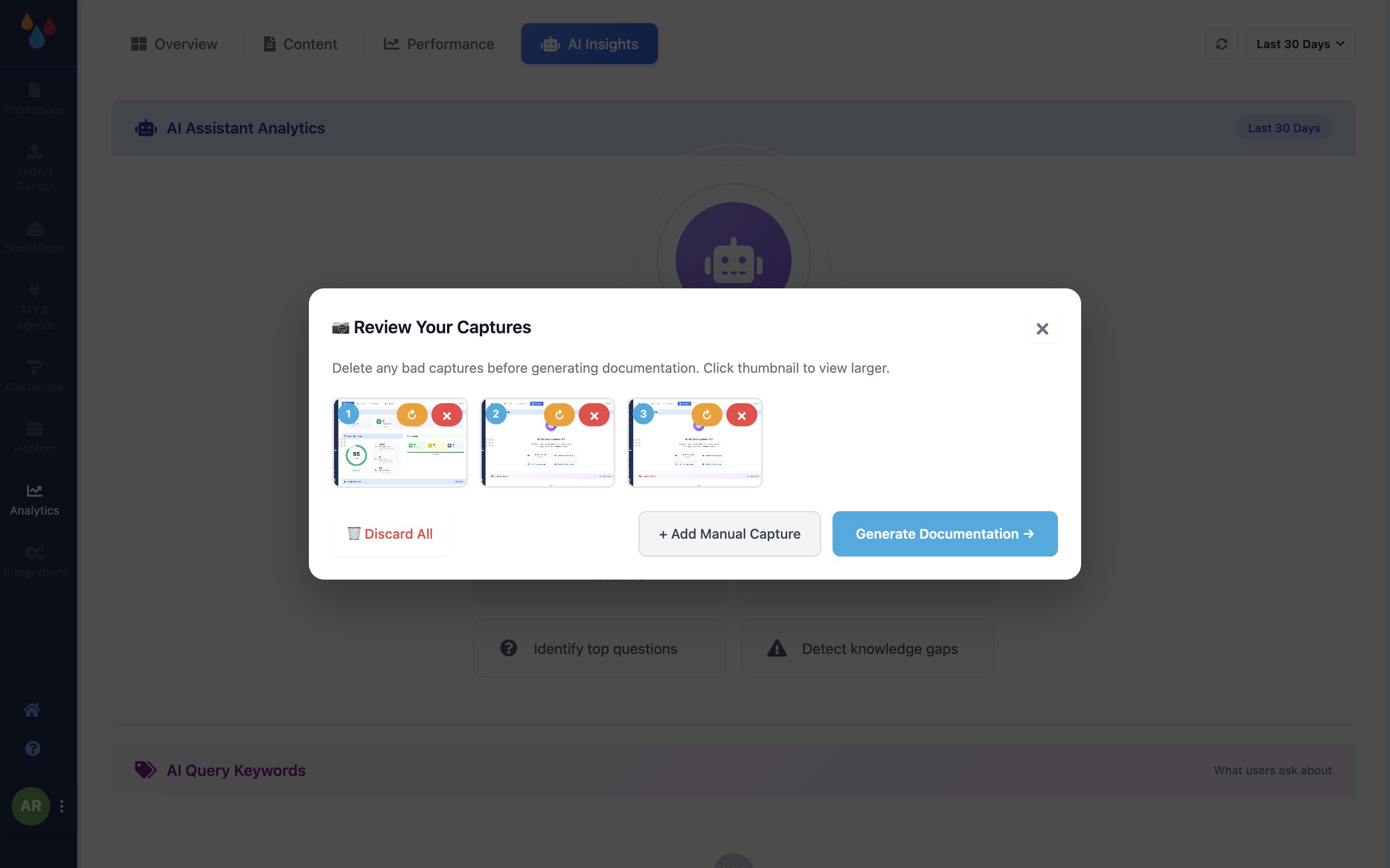 The Review Your Captures panel open over a web app, with three numbered screenshot thumbnails each carrying a retake and a delete button, and Discard All, Add Manual Capture and Generate Documentation along the bottom