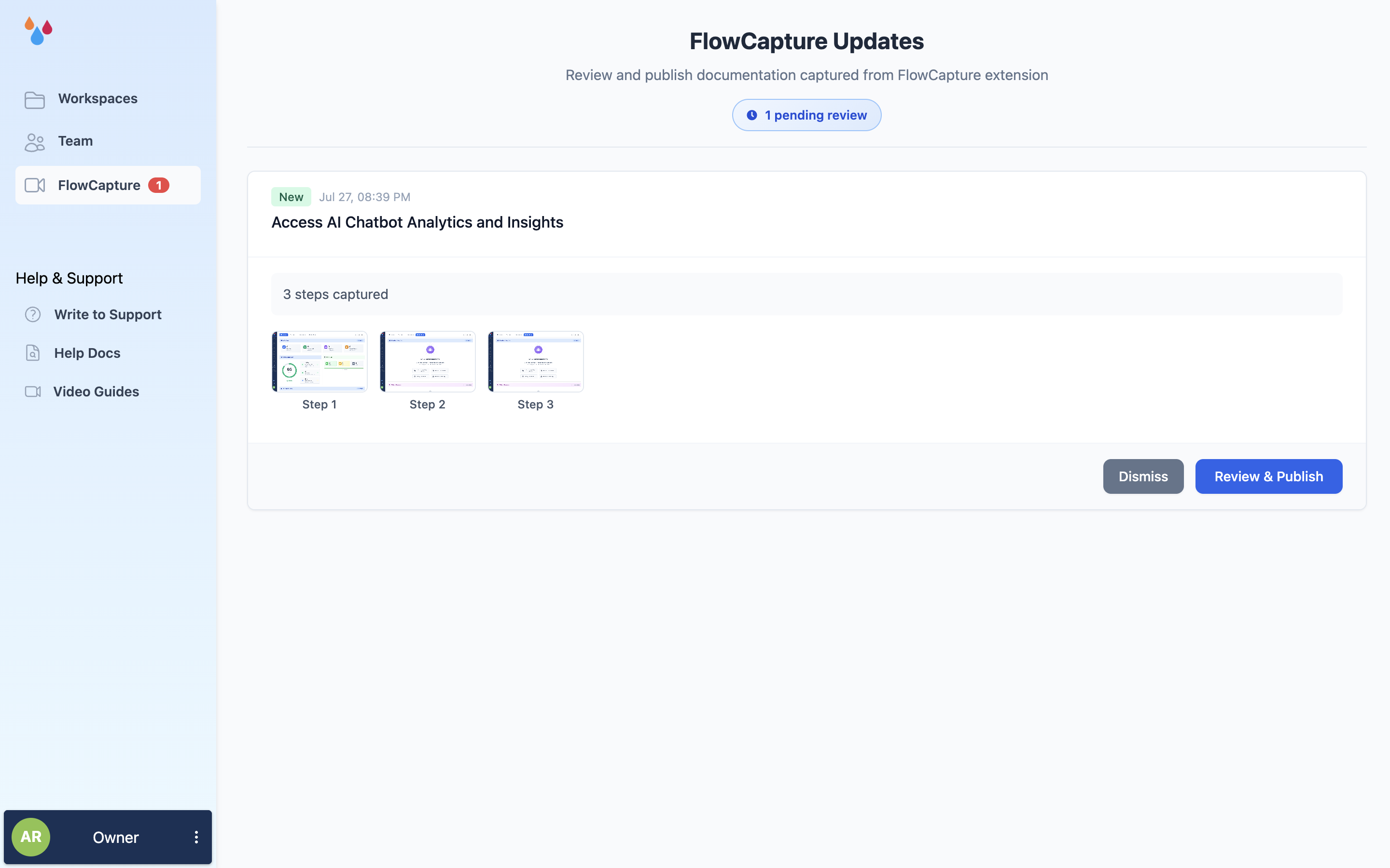 The FlowCapture Updates page in the dashboard with one pending capture card, showing its New badge, timestamp, suggested title, step count and three numbered screenshot thumbnails, with Dismiss and Review & Publish buttons