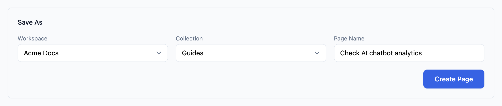 The Save As block with Workspace set to Acme Docs, Collection set to Guides, a Page Name of 