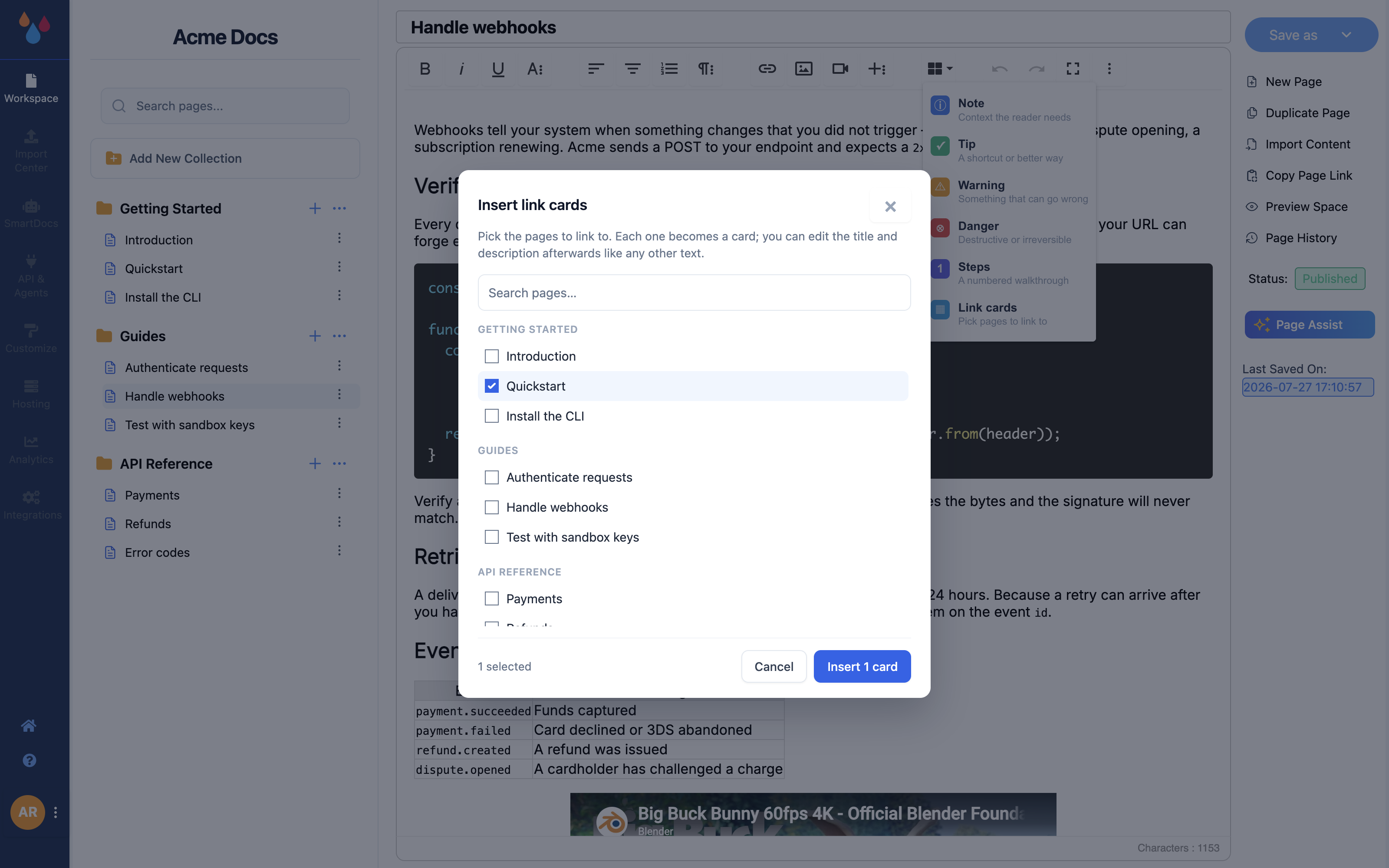 The Insert link cards dialog listing every page in the workspace grouped by collection, with two pages ticked and an Insert 2 cards button