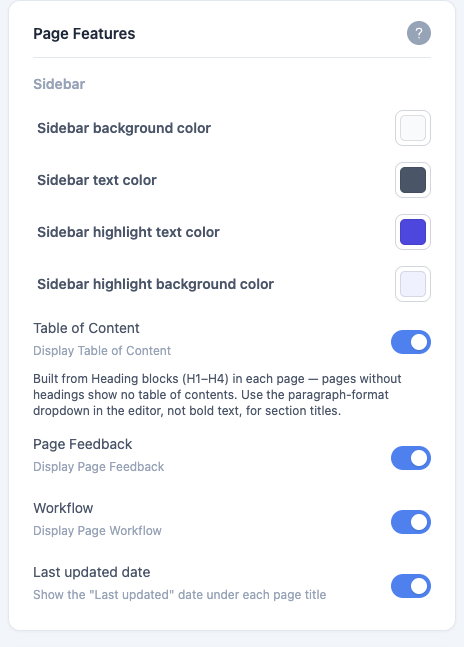 The Page Features section showing the four sidebar colour pickers above the Table of Content, Page Feedback, Workflow and Last updated date toggles