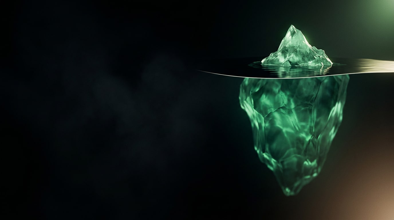 Iceberg con masa sumergida luminosa en verde sobre fondo negro, metáfora del potencial oculto de la IA