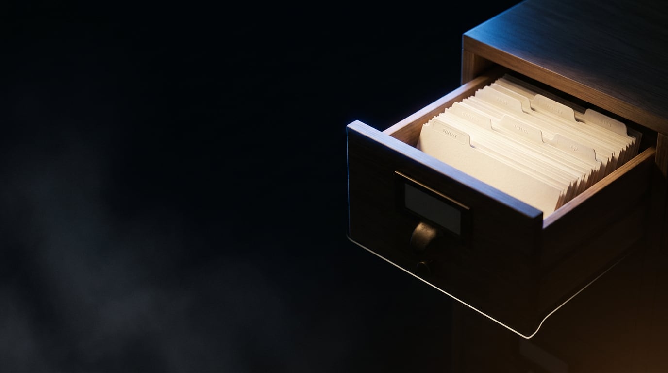 Cajón de fichero con tarjetas de índice iluminadas en azul sobre fondo oscuro