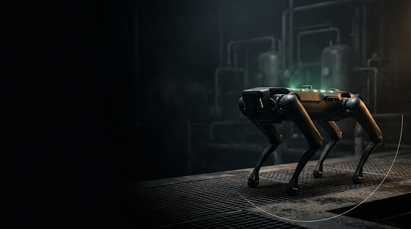 Robot cuadrúpedo autónomo en entorno industrial oscuro con iluminación verde de sensores
