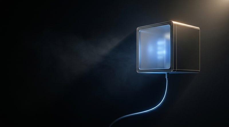 Bloque de almacenamiento modular iluminado en azul sobre fondo oscuro profundo, estética editorial