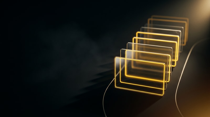 Ruta de aprendizaje luminosa representada como tarjetas de cristal apiladas sobre fondo oscuro