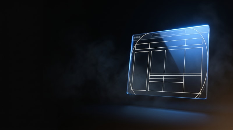 Ventana de navegador traslúcida flotando en oscuridad con luz azul cinematográfica