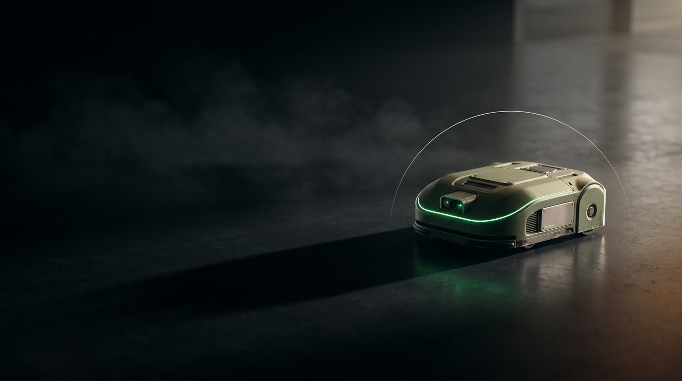 Robot autónomo compacto en verde con iluminación dramática sobre fondo oscuro