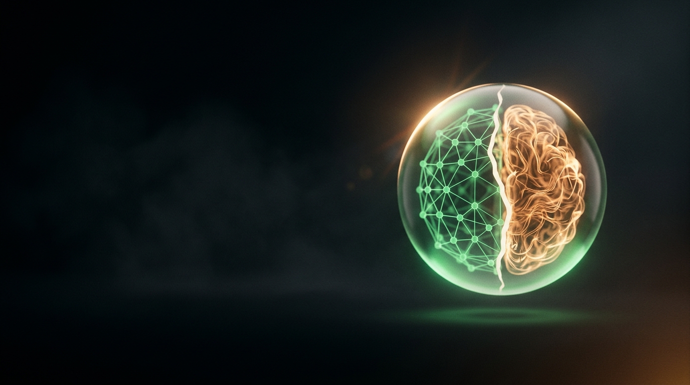 Esfera de cristal que contiene dos mitades —orgánica y geométrica— flotando en oscuridad editorial.