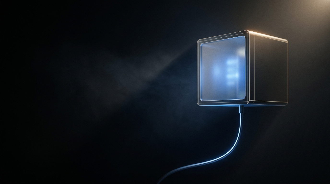 Bloque de almacenamiento modular iluminado en azul sobre fondo oscuro profundo, estética editorial