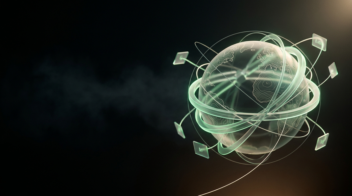 Globo translúcido con anillos de datos y conectores luminosos verdes sobre fondo oscuro