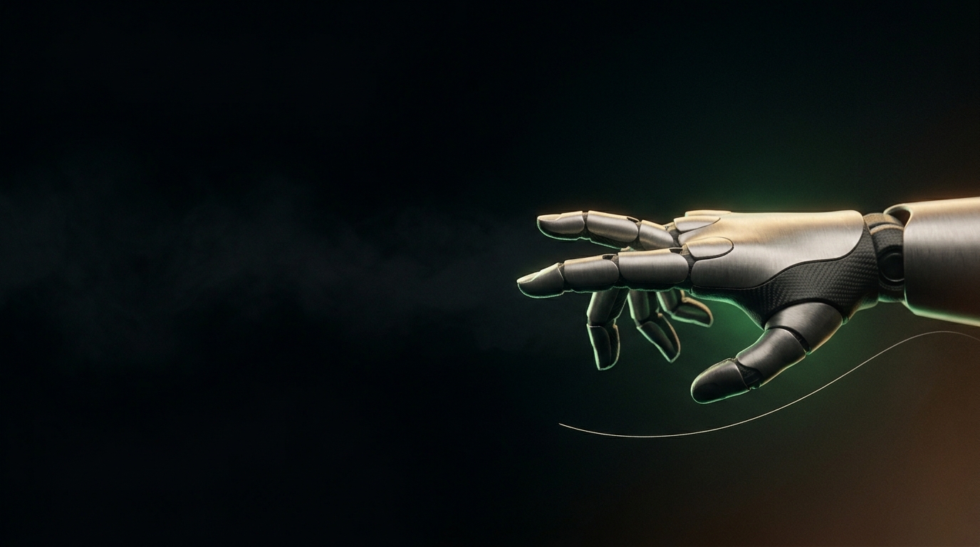 Mano robótica de titanio iluminada en verde sobre fondo oscuro, gesto abierto y ambiguo
