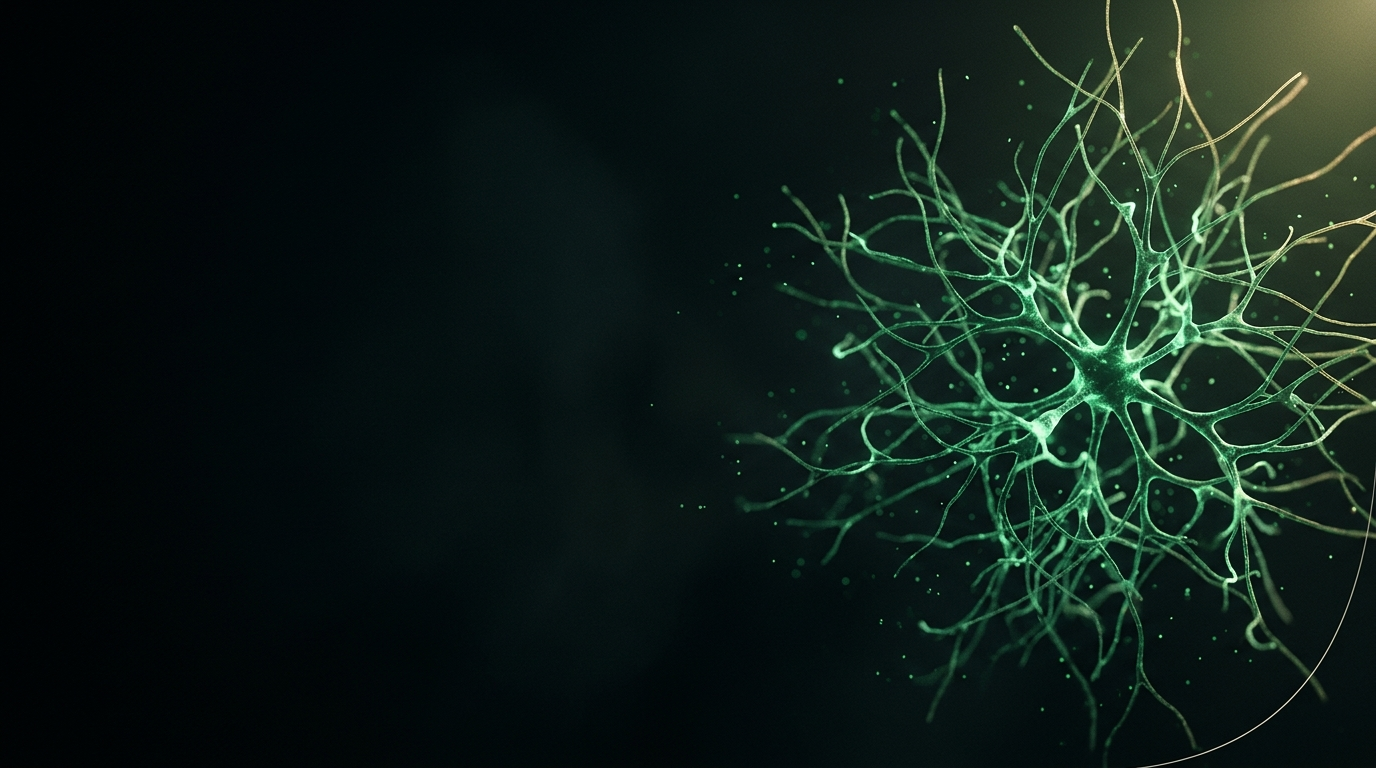 Estructura neuronal luminosa en verde esmeralda sobre fondo negro profundo, representando un modelo de IA avanzado