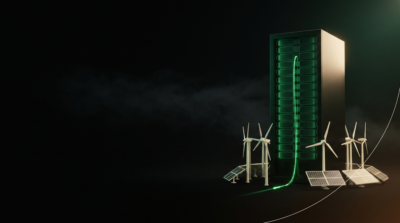 Servidor de centro de datos iluminado en verde con aerogeneradores y paneles solares en miniatura a su base