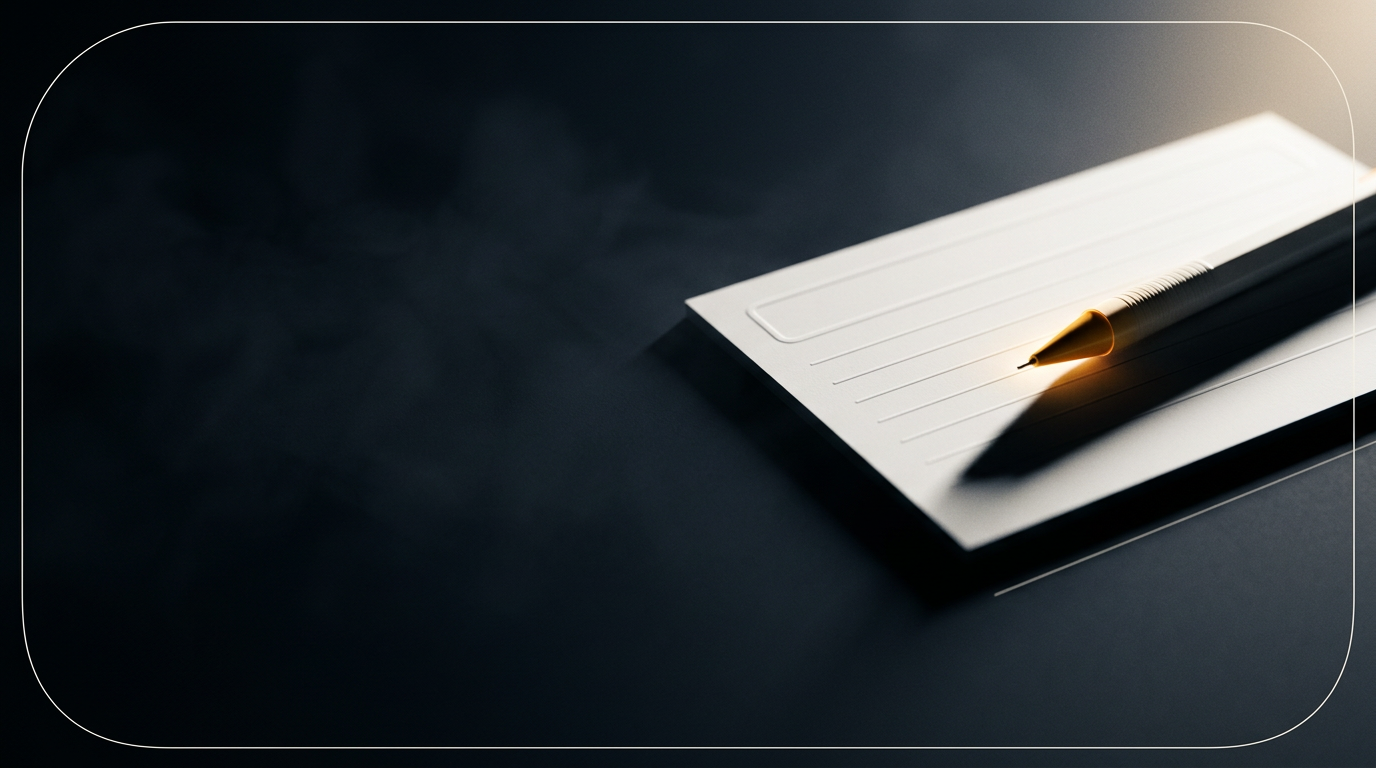 Tarjeta blanca con lápiz dorado sobre fondo negro oscuro, metáfora de reescritura de títulos SEO