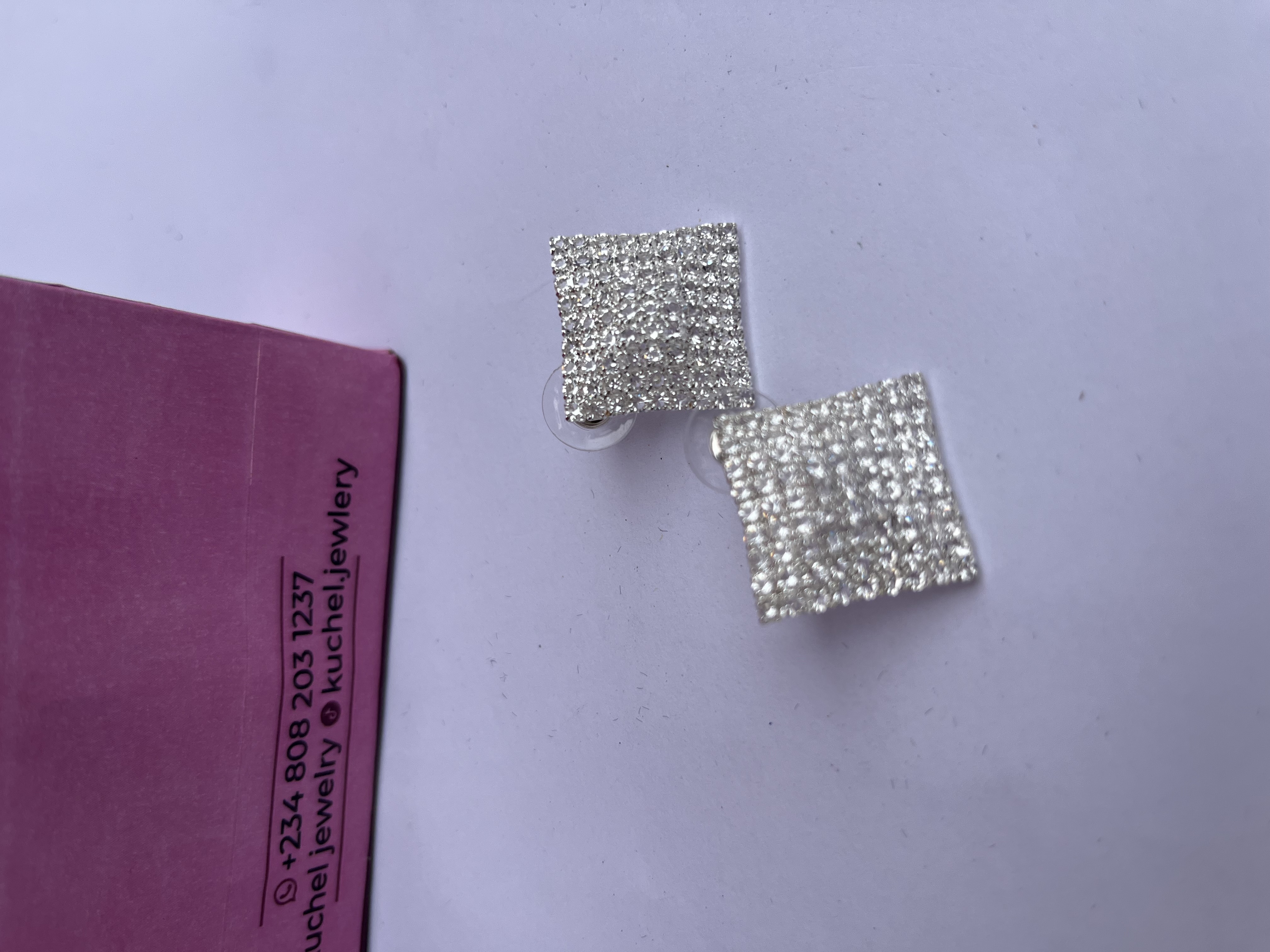 Silver-Stoned Square Stud Earrings  2