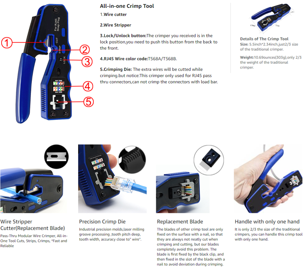 Cmple - RJ45 Crimp Tool Pass-Through Crimper for Cat6a Cat6 Cat5 Cat5e 8p8c Modular Connector Ethernet All-In-One Wire Tool