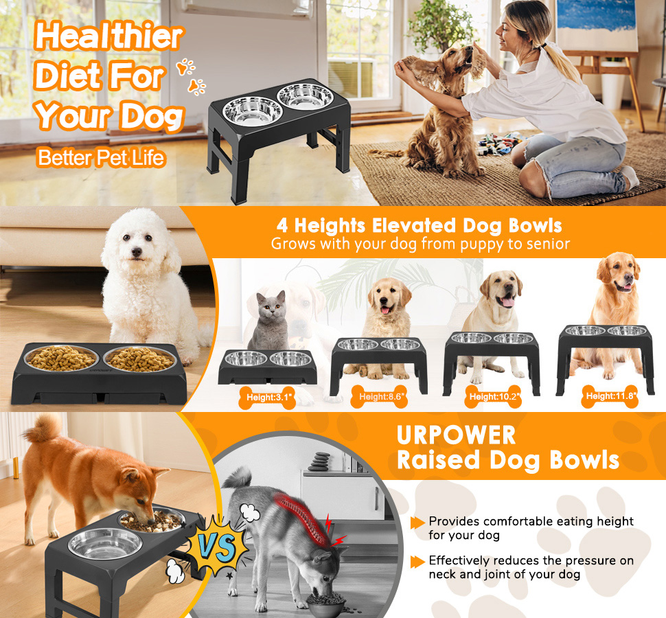 URPOWER Raised Slow Feeder Dog Bowls 4 Height Adjustable Elevated