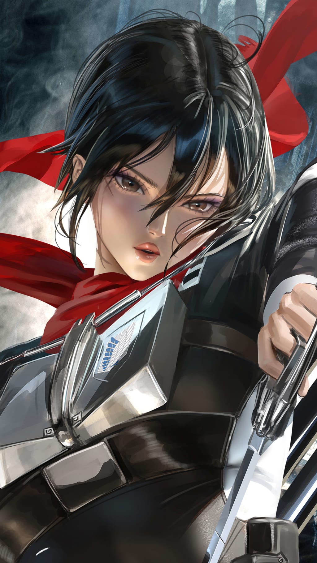 Anime character Mikasa Ackerman with black hair and intense gaze, wearing dark outfit with red scarf flowing dramatically aga