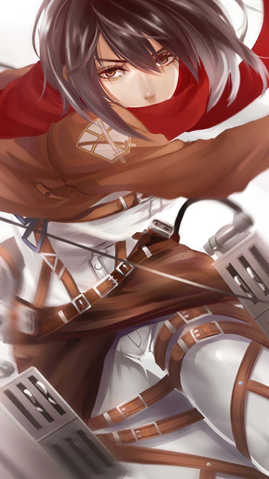 Anime character Mikasa Ackerman wearing red scarf and brown tactical gear with straps, determined expression with dark hair