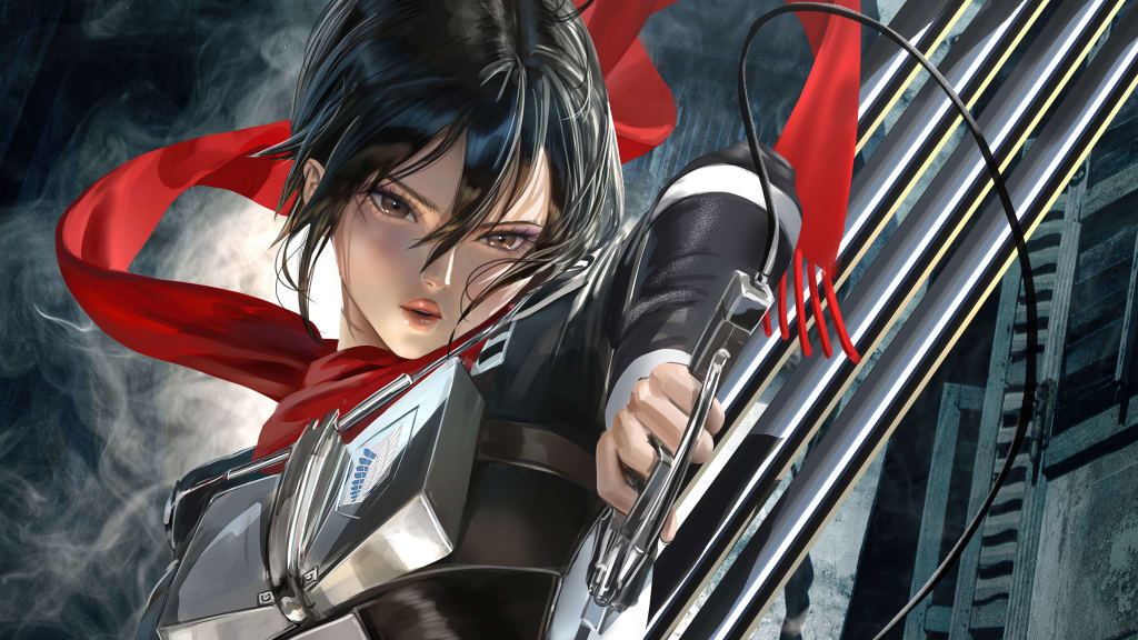 Mikasa Ackerman anime character with black hair and red scarf, holding futuristic weapons, dramatic dark atmosphere with indu