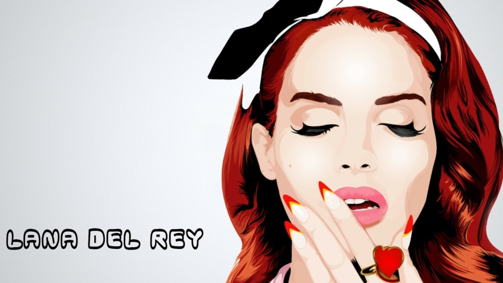 Portrait illustration of Lana Del Rey with striking red wavy hair, bold red lipstick, and white headband against a light back