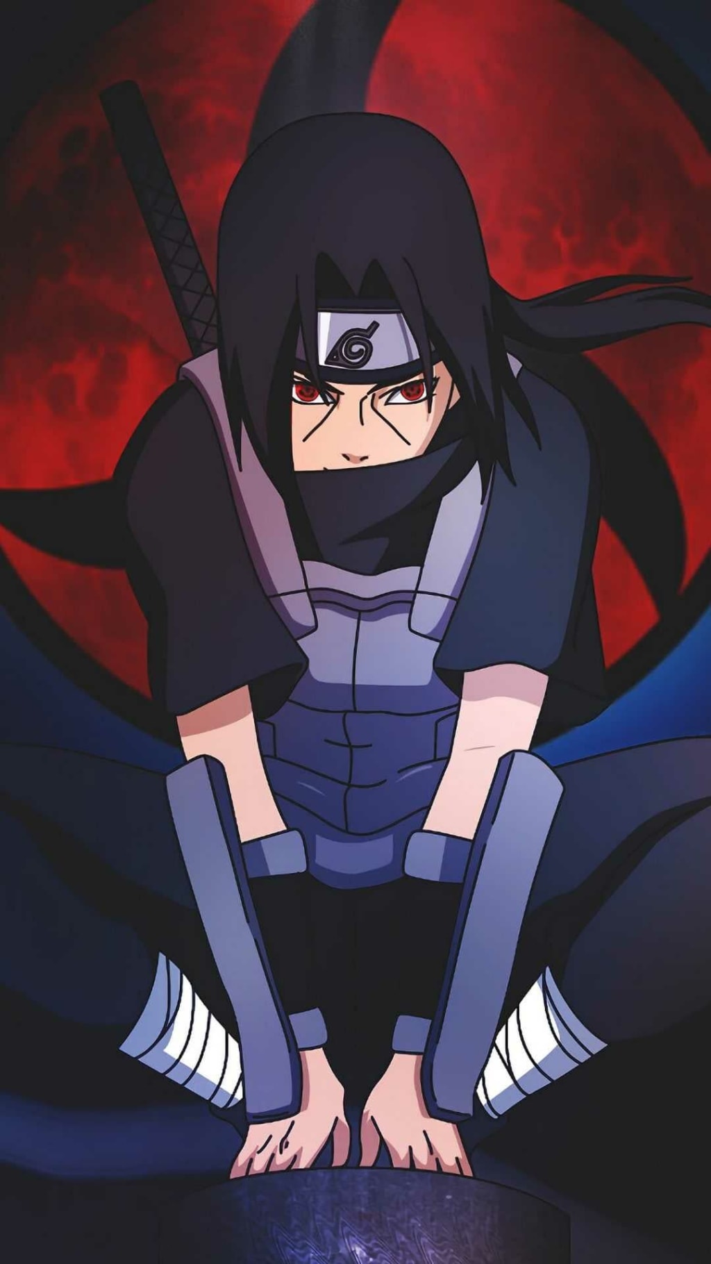 Anime ninja character in dark outfit and headband with red aura background, crouching in combat stance with intense expressio
